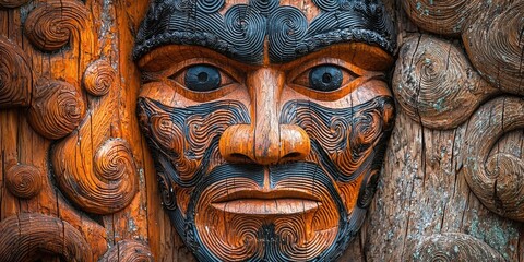 Close-up of intricate wooden carving depicting a symmetrical face with large eyes and swirling patterns on textured surface. Generative by AI.