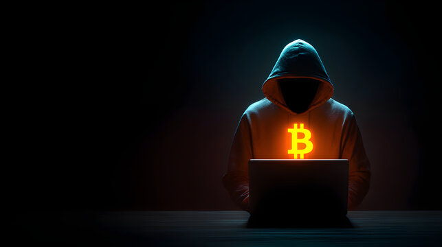 Mysterious Hacker with Bitcoin Symbol on Glowing Laptop - Powered by Adobe