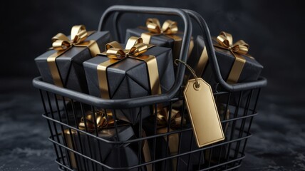 Black shopping basket filled with luxurious black gifts tied with gold ribbons