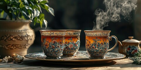 Steaming floral-patterned teapot flanked by two matching teacups on golden tray, placed outdoors with blurred foliage in background. Generative by AI.