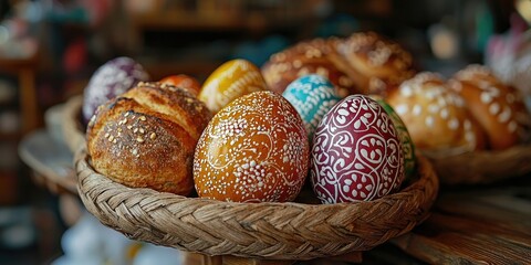 Table with baskets of decorated eggs, loaves of bread, greenery, and tulips arranged on lace cloth, suggesting festive setting. Generative by AI.