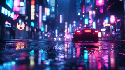 Fototapeta premium An ultra-realistic night city street featuring neon lights and wet pavement, showcasing an immersive cyberpunk vibe with cinematic ambiance.