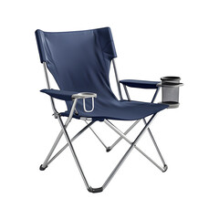 realistic product folding chair with navy fabric camping chair with cup holder isolated on pure white background subtle soft shadow clean studio lighting, ultra-high detail, PNG stock render :