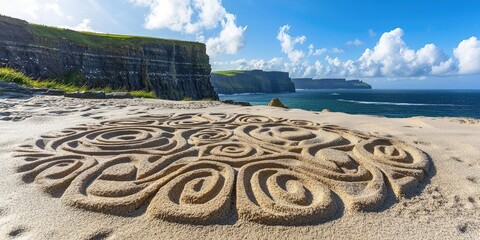 Coastal cliffside path with circular Celtic stone carving overlooks ocean at sunset under cloudy sky. Generative by AI.