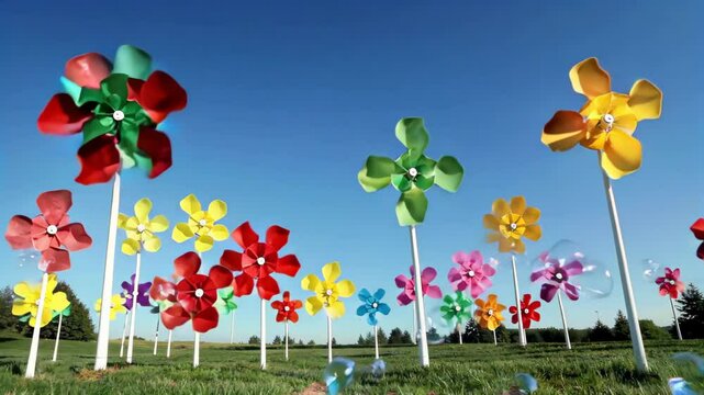 Colorful windmills on the meadow Turning windmills Childlike fun on the meadow