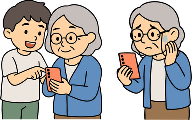 senior grandma character learning smartphone illustration clipart