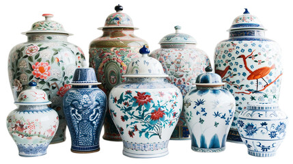 Elegant Blue White Porcelain Art on the Transparent Background