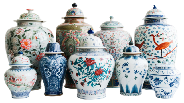 Elegant Blue White Porcelain Art on the Transparent Background