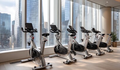 Modern gym with five stationary bikes positioned near expansive windows offering a cityscape view.  Light, minimalist design