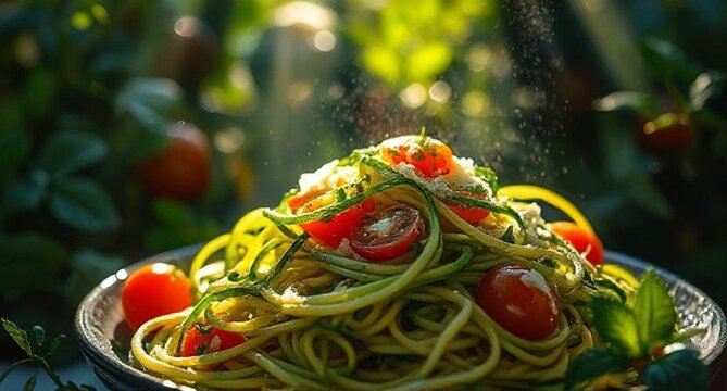 "Zucchini noodles (zoodles) with pesto, cherry tomatoes, and parmesan"
