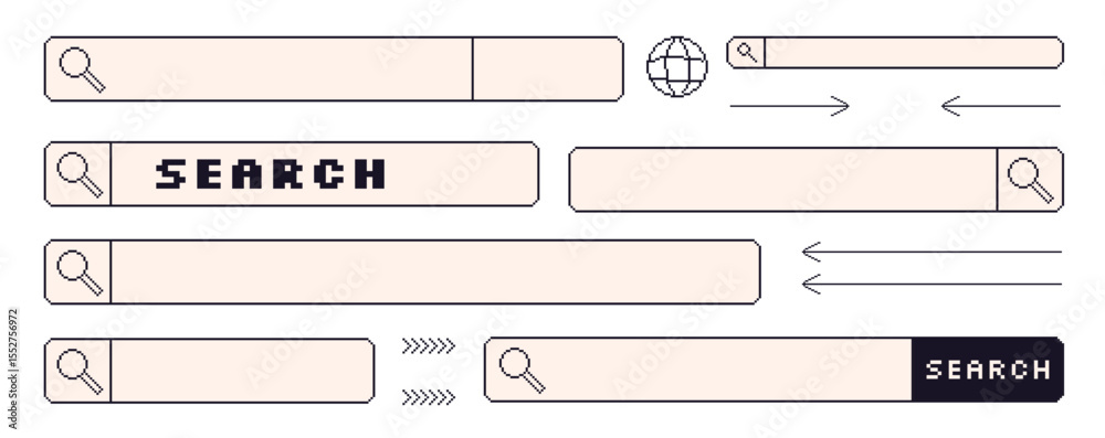 Poster search bar pixel art set. 8bit web browser elements collection. retro internet find shapes. click cu