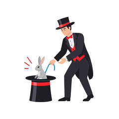 Magician pulling a rabbit out of a top hat during a performance with a wand