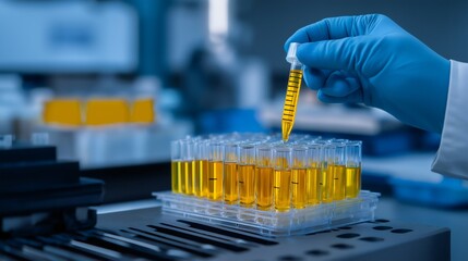 A laboratory technician performs quality control testing of enriched uranium using pipettes and test tubes filled with yellow liquid for analysis and inspection