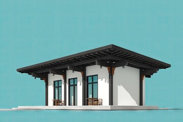 Modern, single-story white house with dark-wood overhanging roof, large windows, and patio furniture on a teal background