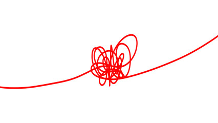 Abstract red scribble line on transparent background. Illustrating emotional chaos, stress, confusion transitioning into clarity and balance. For mental health, therapy, education, presentations