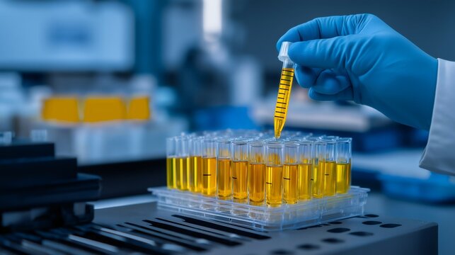 A laboratory technician performs quality control testing of enriched uranium using pipettes and test tubes filled with yellow liquid for analysis and inspection