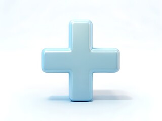 Obraz premium A glossy rounded light blue plus sign symbol isolated on a clean white background with subtle lighting and shadow