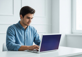 Fototapeta premium Focused Young Man Working on Laptop in Modern Office