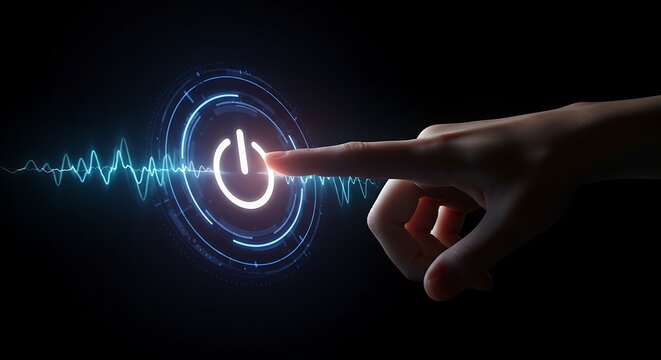 Finger Touching Power Button with Glowing Energy Line