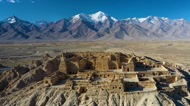 Ancient buildings in the desert under the snow-capped mountains Scenery of the ruins of the Guge dynasty