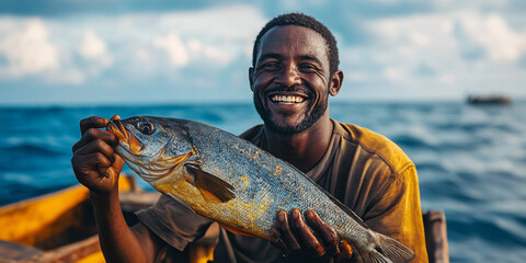 A smiling fisherman proudly displays his large catch on a boat at sea.