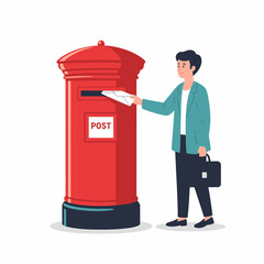 Man Mailing Letter in Traditional Red Post Box Business Communication Concept