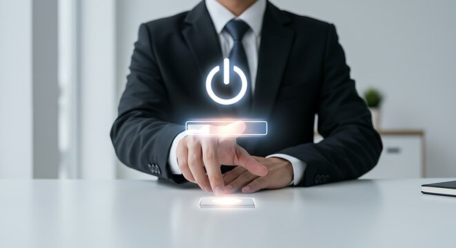Man Pressing Power Button Technology Concept