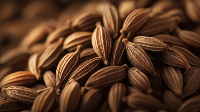 Brown cumin seeds arranged close up in perfect detail
