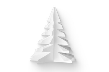 A minimalist white paper sculpture resembling a Christmas tree, showcasing a modern design...