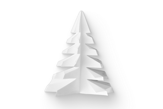 A minimalist white paper sculpture resembling a Christmas tree, showcasing a modern design aesthetic.