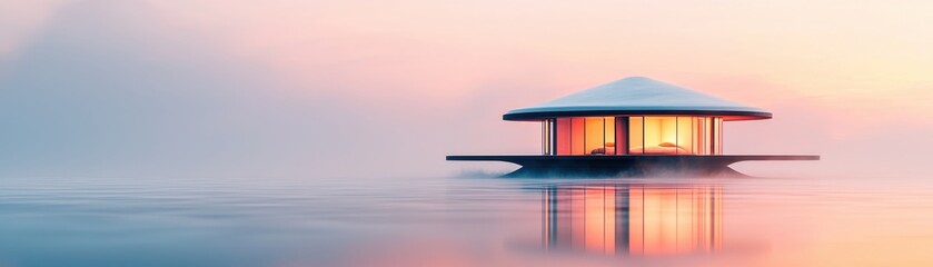 Fototapeta premium Serene modern house floating on calm waters during a colorful sunrise.