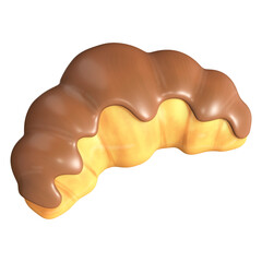 A vibrant 3D rendering showcases a single golden-brown croissant, generously topped with smooth, rich chocolate dripping over its classic curved form.
