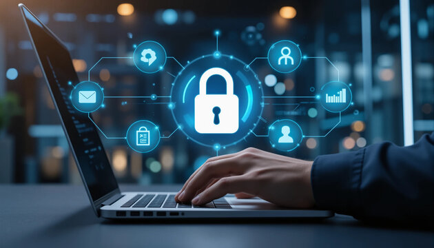 A person's hand typing on a laptop keyboard, with various cybersecurity icons and symbols overlaying the image, including a lock icon, an envelope icon, and other digital security elements