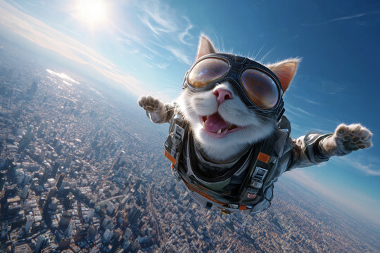 Happy cat jumping with a parachute in glassed and a vest flying over the city with cityscape below and blue sky obove