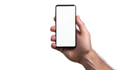 Hand holding smartphone with blank screen isolated on white background