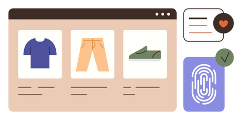 Product listings with clothing and shoes on a web page, secure fingerprint authentication, and customer engagement via feedback. Ideal for e-commerce, security, retail, technology, shopping