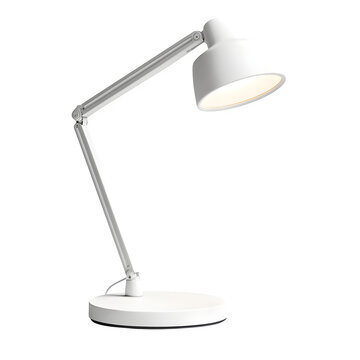 realistic product desk lamp with adjustable matte-white lamp with touch dimmer isolated on pure white background subtle soft shadow clean studio lighting, ultra-high detail, PNG stock render :