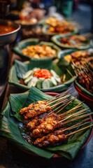 Grilled chicken satay skewers arranged on banana leaves, alongside other dishes in a vibrant Asian food market setting