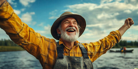 An elderly man enjoys a sunny day fishing, expressing pure joy and happiness.