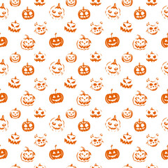 Seamless pattern of cartoon Halloween pumpkins with playful faces for kids decor and festive packaging, Pumpkin Pattern