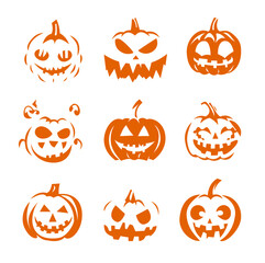 Set of nine hand-drawn Halloween pumpkin faces with various emotions for spooky decor and stickers, Pumpkin Illustration