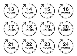 Monochrome timer icons from 13 to 24 hours for digital planning and schedule breakdowns, Clock Countdown Vector