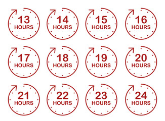 Red timer icon set from 13 to 24 hours for time tracking and daily schedule planning, Clock Countdown Vector