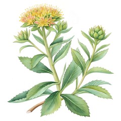 Watercolor illustration of Rhodiola rosea. Hand-drawn isolated clip-art on white background. Delicate realistic images of herbs for packaging, textiles, printing, holiday cards, wedding, menu