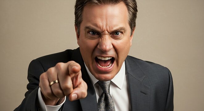 Angry Businessman Accusing, Pointing Finger, Yelling, Close-up Portrait