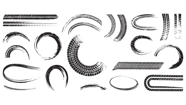 Black Grunge Tire Track Marks Circular and Linear Set