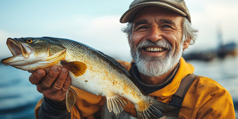 A smiling senior fisherman proudly displays his large fish catch.