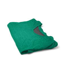 A folded green t-shirt with a v-neck design, suitable for casual wear.