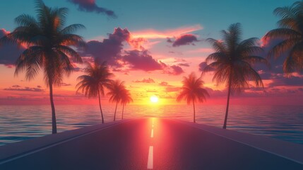 Road lined in Palm Trees,coastal boulevard lined with tall palms on the beach,Beach paradise,Summer beach vibes,Holliday road trip by vehicle.