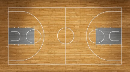 Overhead view of a hardwood basketball court, showing the center circle, free throw lines, and key areas. Subtle lighting enhances the wood grain